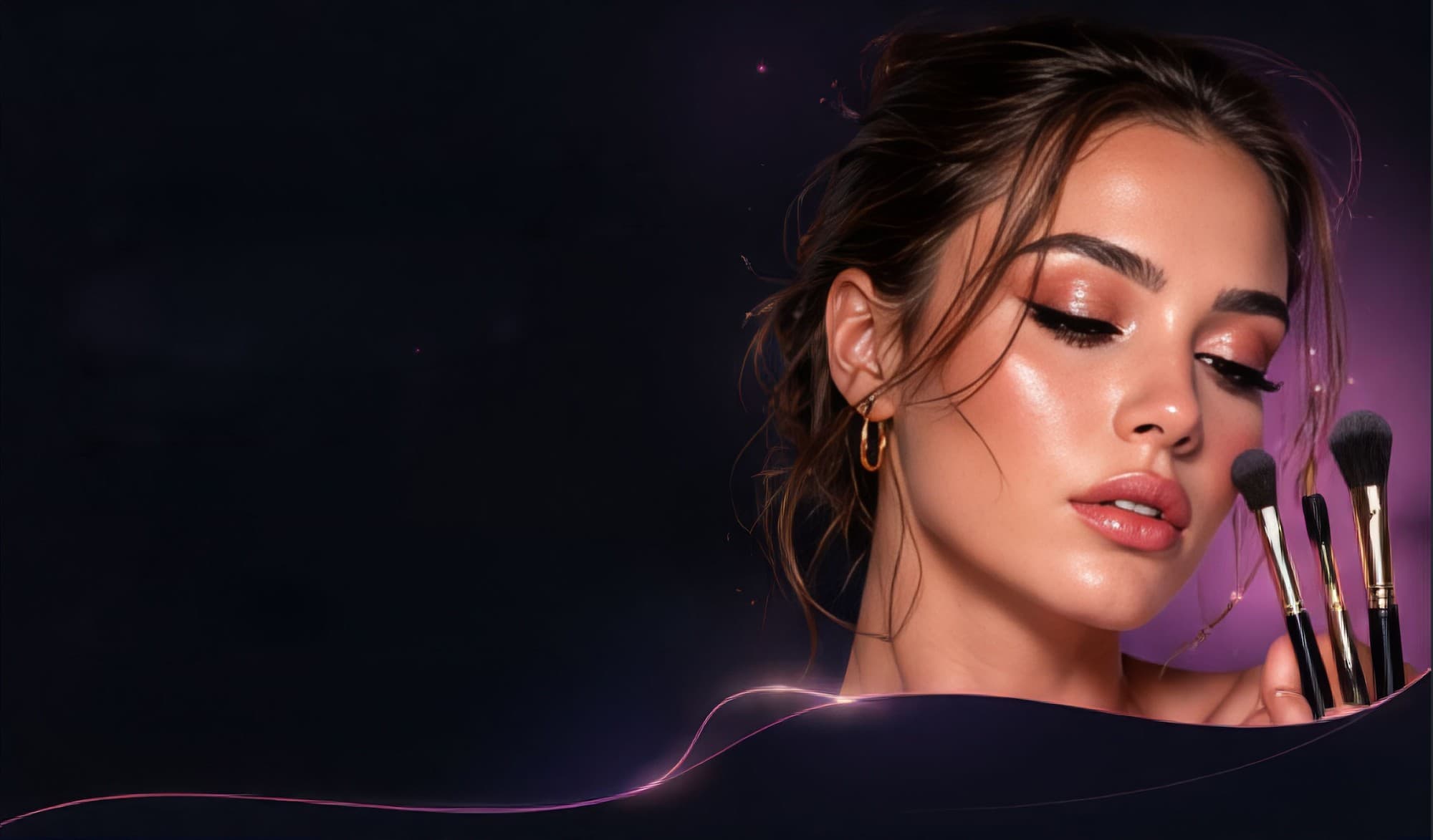 Mujer con brochas de maquillaje y una onda de luz